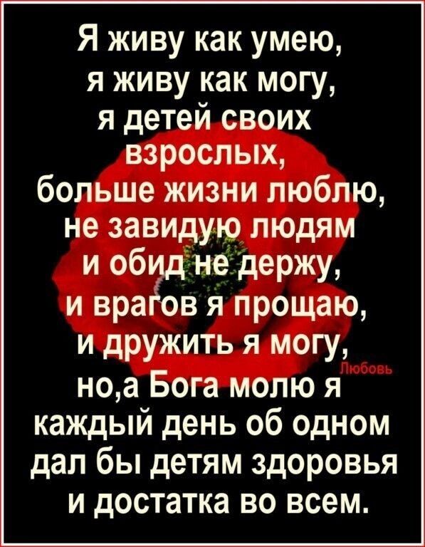 Я живу как умею я живу как могу я детей своих взрослых больше жизни люблю не завидую людям и об не держу и врагов я прощаю и дружить я могу ноа Бога молю я каждый день об одном дал бы детям здоровья и достатка во всем