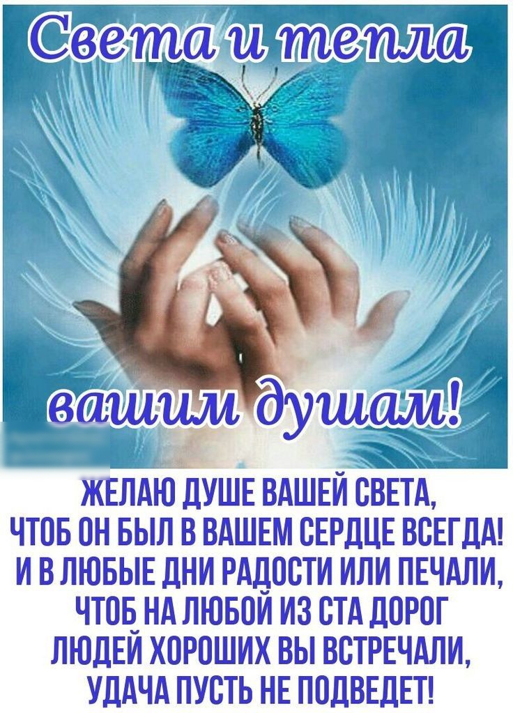 ЖЕЛАЮ ДУШЕ ВАШЕИ СВЕТА ЧТОБ ОН БЫЛ В ВАШЕМ СЕРДЦЕ ВСЕГДА И В ЛЮБЫЕ ДНИ РАДОСТИ ИЛИ ПЕЧАЛИ ЧТОБ НА ЛЮБОИ ИЗ СТА ДОРОГ ЛЮДЕИ ХОРОШИХ ВЫ ВСТРЕЧАЛИ УДАЧА ПУСТЬ НЕ ПОДВЕДЕТ