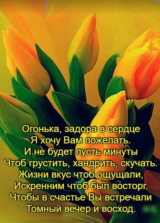 И Огонька задура 5 Сердце Я Хочу Вам пожелать И не будет пусть минуты _ Чтоб грустить хандрить Скучать Жизни вкус чтоб ощущали Искренним чтоб был восторг Чтобы в счастье Вы встречали ТОМНЫЙ вечер И ВОСХОД