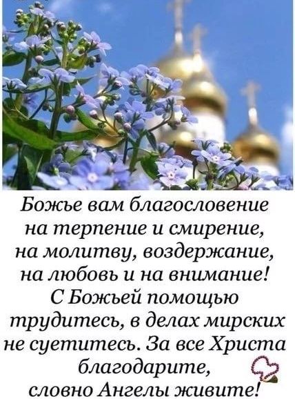 ь _ Божье вам благословение на терпение и смирение на молитву воздержание на любовь и на внимание С Божьей помощью трудитесь в делах мирских не суетитесь За все Христа благодарите С словно Ангелы живите