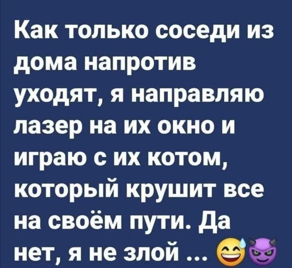 Как только соседи из дома напротив уходят я направляю лазер на их окно и играю с их котом который крушит все на своём пути да нет я не зпой