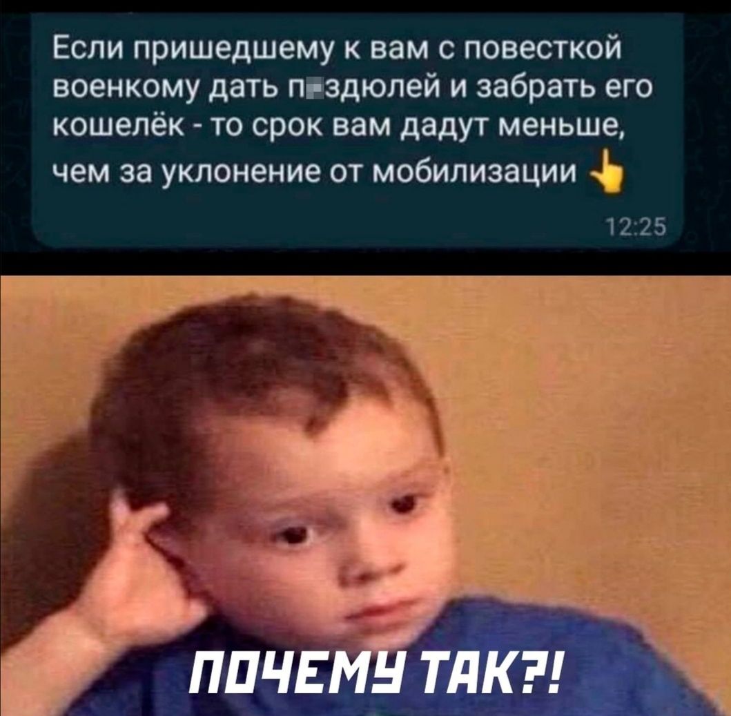 Если пришедшему к вам с повесткой военкому дать піадюпей и забрать его кошелёк 10 срок вам дадут меньше чем за уклонение от мобилизации 1225