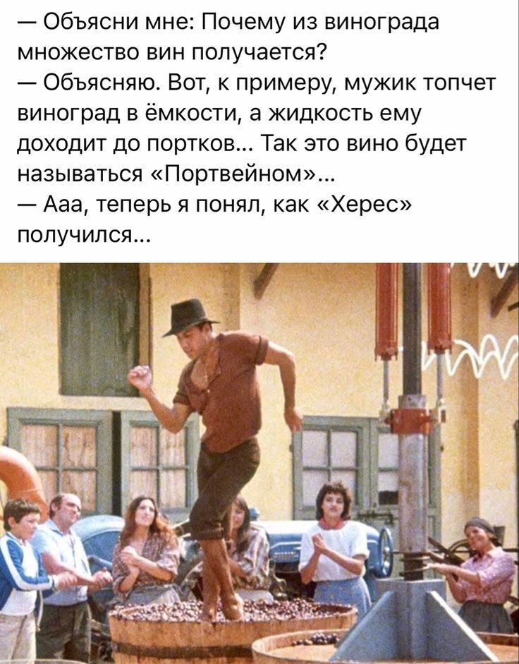 Объясни мне Почему из винограда множество вин получается Объясняю Вот к примеру мужик топчет виноград в ёмкости а жидкость ему доходит до портков Так это вино будет называться Портвейном Ааа теперь я понял как Херес получился