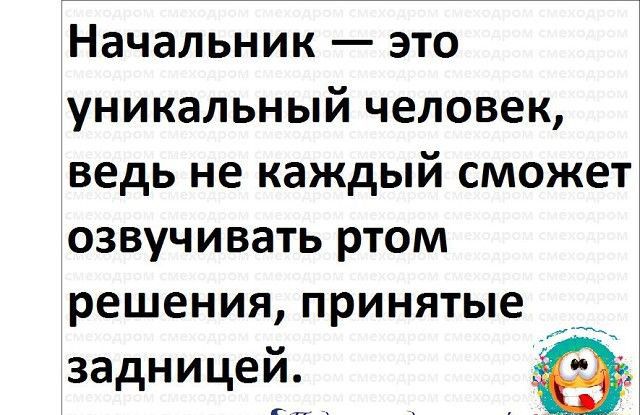 Начальник это уникальный человек ведь не каждый сможет озвучивать ртом решения принятые задницей
