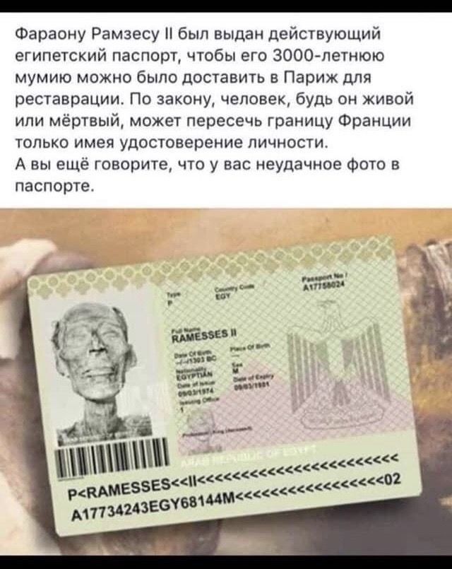 Фараону Рамзесу был выдан действующий египетский паспорт чтобы его 3000 петнюю мумию можно было доставить в Париж для реставрации По закону человек будь он живой ипи мёртвый может пересечь границу Франции только имея удостоверение личности А вы ещё говорите что у вас неудачное Фото в паспорте