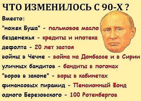 ЧТО ИЗМЕНИЛОСЬ С 90 х Вместо ножек Буше псшьмовое масло безденежья кредиты и ипотека дефолт 20 лет здстоя войны в Чечне войне на дамбами и в Сирии уличных бандитов биндить в погвнсх воров в здкдне веры в кабинетах финансовых пирамид Пенсионный іенд одного Березовского 100 Ротвпбергав