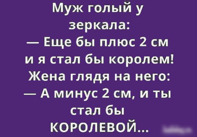 Муж голый у зеркала Еще бы плюс 2 см и я стал бы королем Жена глядя на него А минус 2 см и ты стал бы королевой