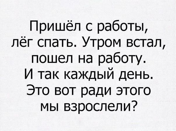 Пришёл с работы лёг спать Утром встал пошел на работу И так каждый день Это вот ради этого мы взрослели