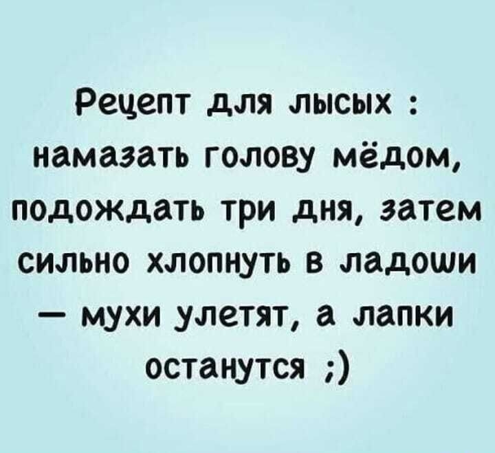 Рецепт для лысых намазать голову мёдом подождать три дня затем сильно хлопнуть в ладоши мухи улетят а лапки останутся