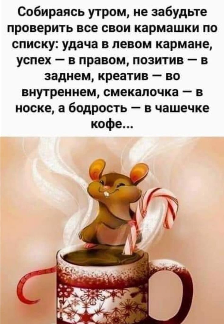 Собираясь утром не забудьте проверить все свои кармашки по списку удача в левом кармане успех в правом позитив в заднем креатив во внутреннем смекалочка в носке а бодрость в чашечке кофе