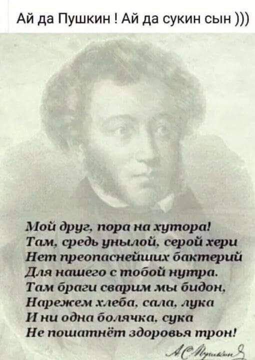 Ай да Пушкин Ай да сукин сын Мой друг пора нп хутора Там средь унылой серой хеш Нет преопасиейших бактфий Для нашего с тобой нутри Там браги еварши мы бидон Нарик ем хлеба сала лука И ни одна болячка сука Не пошатнёт здоровья трон д17