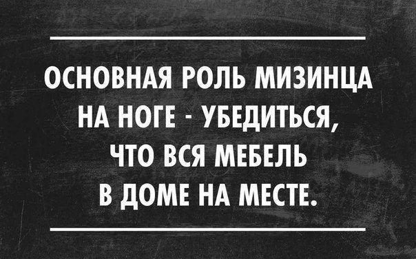 ОСНОВНАЯ РОЛЬ МИЗИНЦА НА НОГЕ УБЕДИТЬСЯ ЧТО ВСЯ МЕБЕЛЬ В дОМЕ НА МЕСТЕ