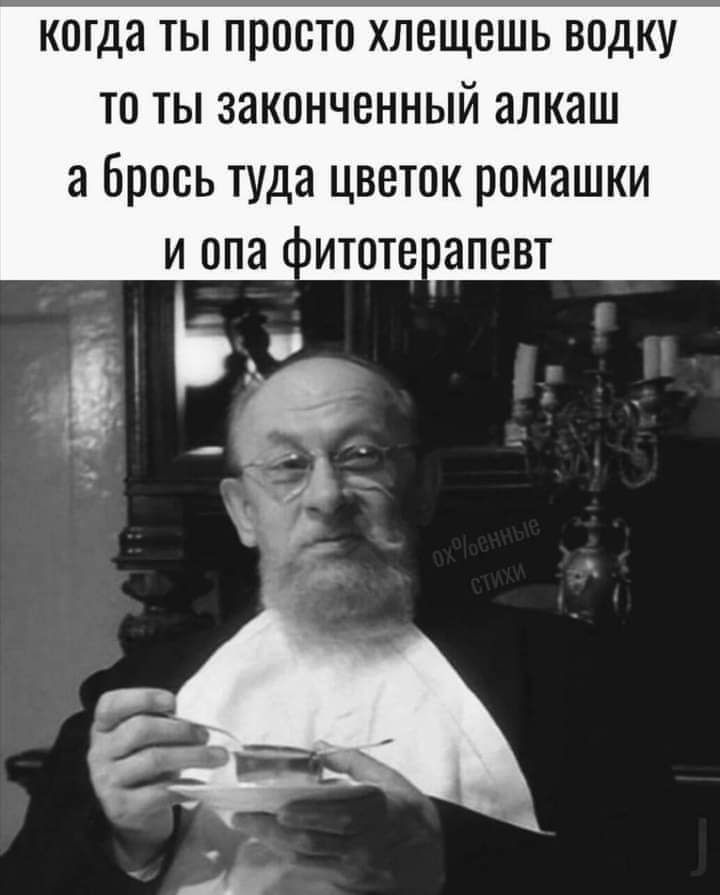 когда ты просто хлещешь водку то ты законченный алкаш а брось туда цветок ромашки и опа нитоте апевт