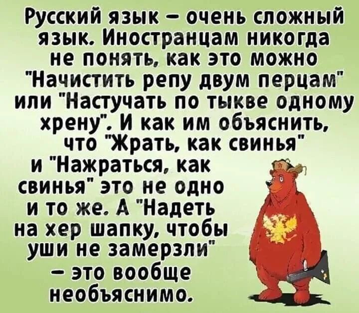 Русский язык очень сложный язык Иностранцам никогда не понять как это можно Начистить репу двум перцам или Настучать по тыкве одному хрену И как им объяснить что Жрать как свинья и Нажраться как у свинья это не одно и то же А Надеть у на хер шапку чтобы уши не замерзли это вообще необъяснимо Щ