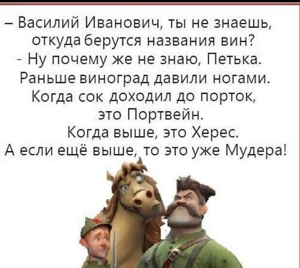 Василий Иванович ты не знаешь откуда берутся названия вин Ну почему же не знаю Петька Раньше виноград давили ногами Когда сок доходил до порток это Портвейн Когда выше это Херес А если ещё выше то это уже Мудера