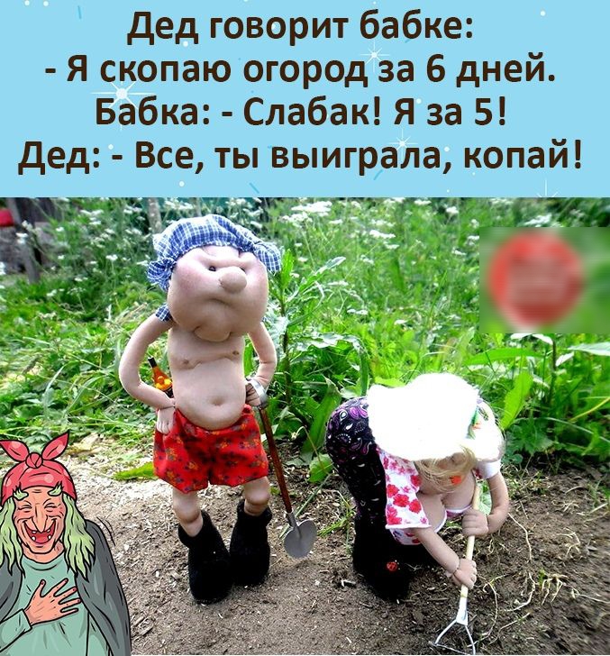дед говорит бабке Я скопаю огород за 6 дней Бабка Слабак Я за 5 дед Все ты выиграла копай
