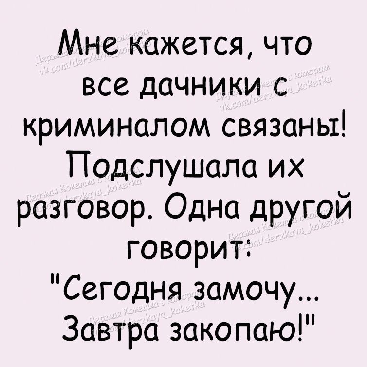 Мне кажется что все дачники с криминалом связаны Подслушала их разговор Одна другой говорит Сегодня замочу Завтра закопаю