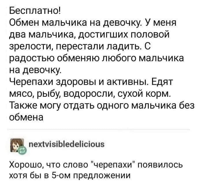 Бесплатно Обмен мальчика на девочку У меня два мальчика достигших половой зрелости перестали ладить С радостью обменяю любого мальчика на девочку Черепахи здоровы и активны Едят мясо рыбу водоросли сухой корм Также могу отдать одного мальчика без обмена пехіуізіЫебеіісіоиз Хорошо что слово черепахи появилось хотя бы в 5 ом предложении