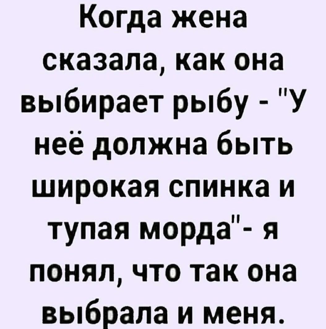 Когда жена сказала как она выбирает рыбу У неё должна быть широкая спинка и тупая морда я понял что так она выбрала и меня