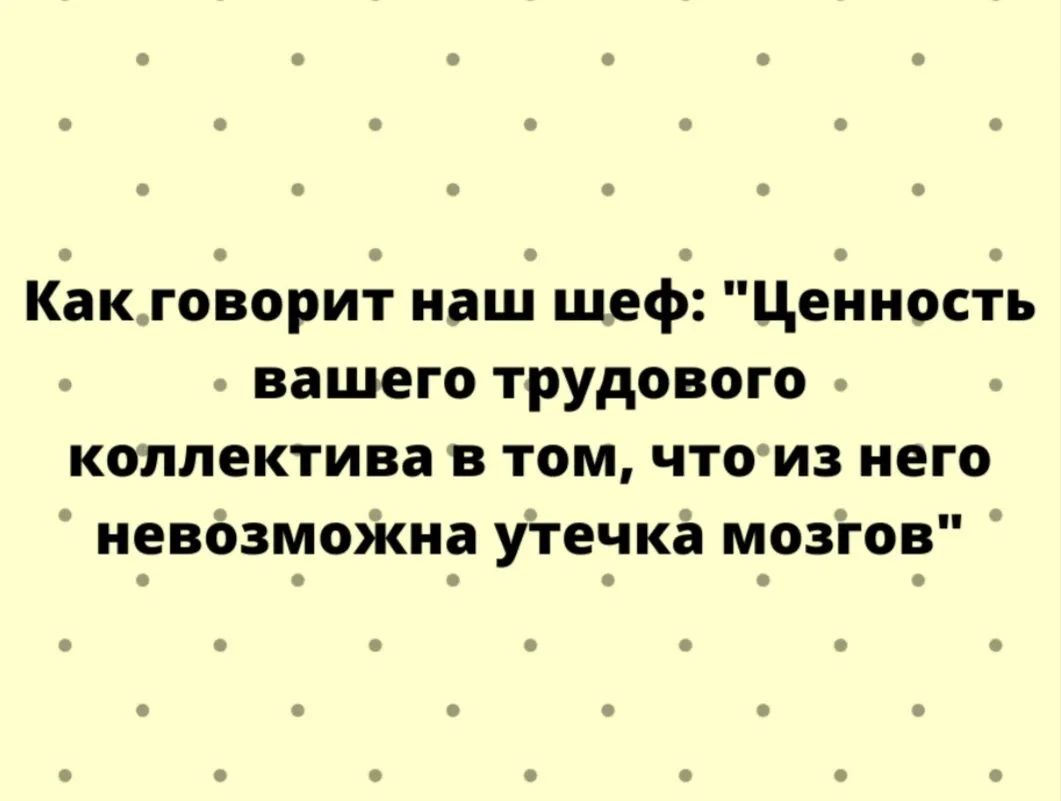 Как говорит наш шеф Ценность вашего трудового коллектива в том что из него невозможна утечка мозгов