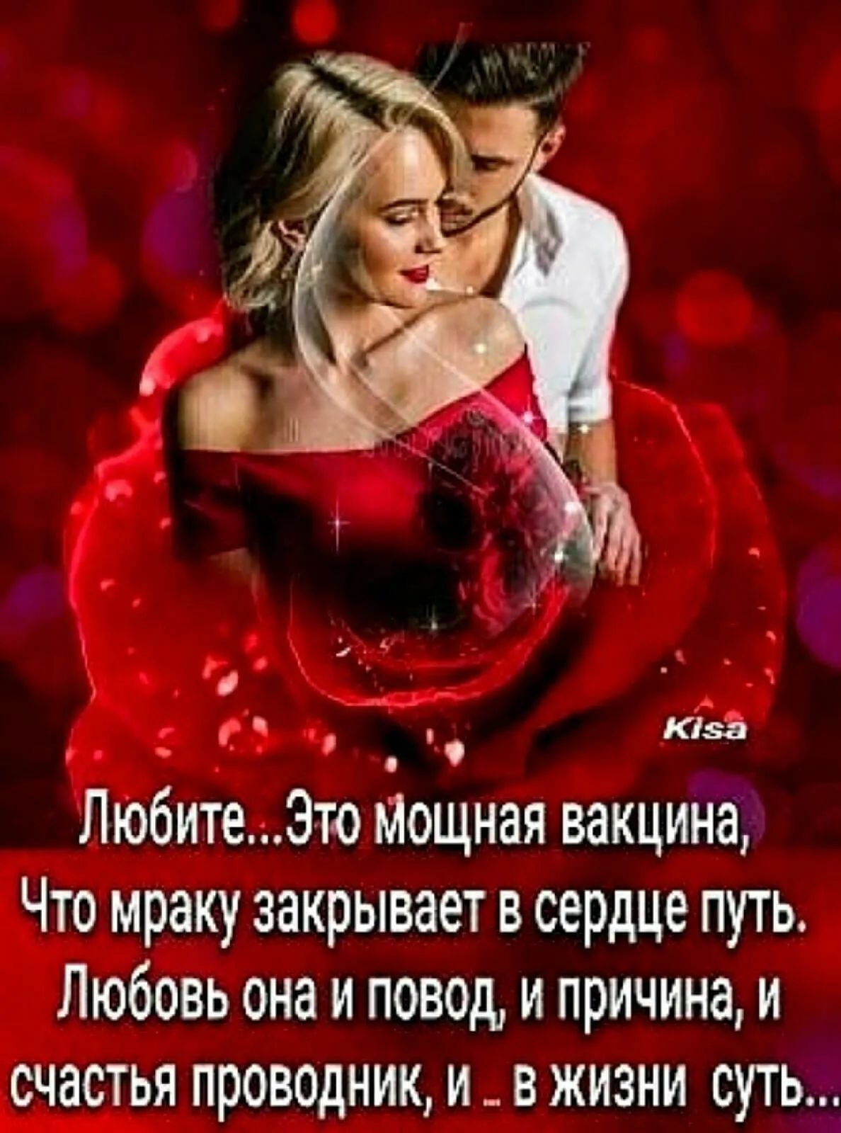 Любите...это мощная вакцина, что мраку закрывает в сердце путь. Любовь она и повод, и причина, и счастья проводник, и  в жизни суть...