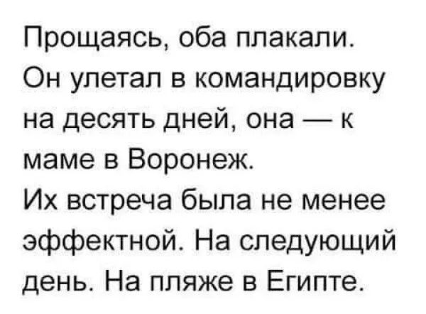 Прощаясь оба плакали Он улетал в командировку на десять дней она к маме в Воронеж Их встреча была не менее эффектной На следующий день На пляже в Египте