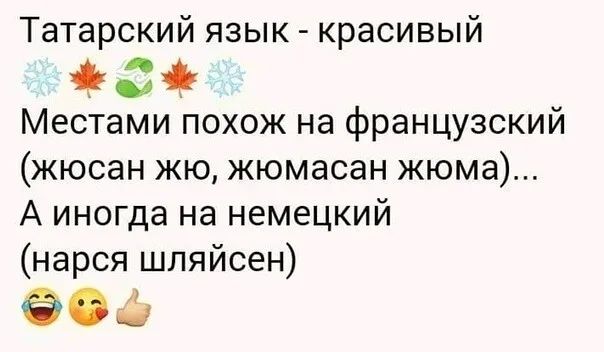 Татарский язык красивый 3 Местами похож на французский жюсан жю жюмасан жюма А иногда на немецкий нарся шляйсен 60