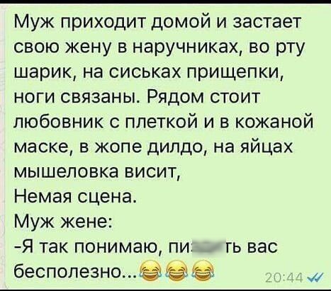 Муж приходит домой и застает свою жену в наручниках во рту шарик на сиськах прищепки ноги связаны Рядом стоит любовник с плеткой и в кожаной маске в жопе дилдо на яйцах мышеловке висит Немая сцена Муж жене Я так понимаю пи гь вас бесполезныёёёёё