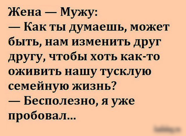 Жена Мужу Как ты думаешь может быть нам изменить друг другу чтобы хоть как то оживить нашу тусклую семейную жизнь Бесполезно я уже пробовал