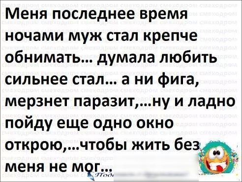 Меня последнее время ночами муж стал крепче обнимать думала любить сильнее стал а ни фига мерзнет паразитну и ладно пойду еще одно окно откроючтобы жить без меня не МЧГ