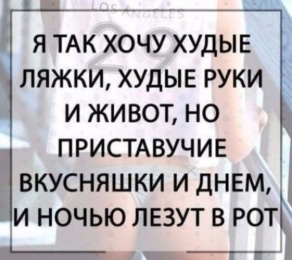 Я ТАК ХОЧУ ХУДЫЕ ЛЯЖКИ ХУДЫЕ РУКИ И ЖИВОТ НО ПРИСТАВУЧИЕ ВКУСНЯШКИ И ДНЕМ И НОЧЬЮ ЛЕЗУТ В РОТ ___