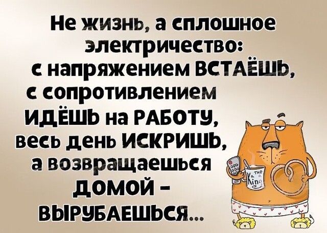 Не ЖИЗНЬ а сплошное электричество напряжением ВСТАЁШЬ сопротивлением идёшь на цветы весь день ИСКРИШЬ а возвращаешься дОМОЙ ВЫРЗБАЕШЬСЯ