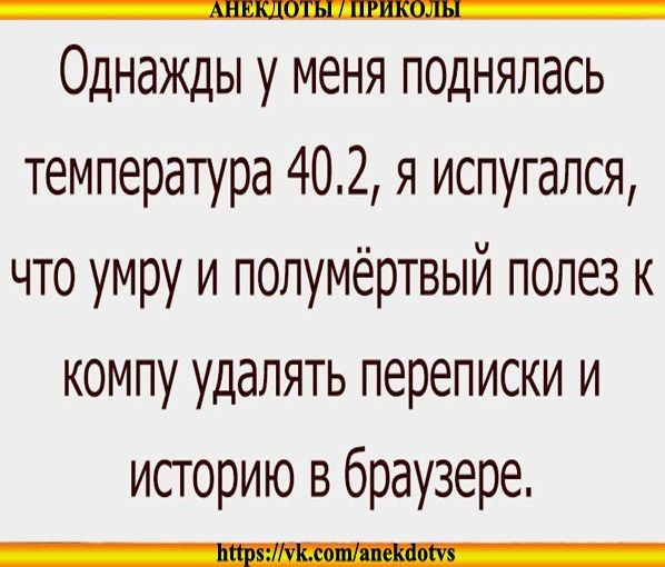 Однажды у меня поднялась температура 402 я испугался что умру и полумёртвый полез к компу удалять переписки и историю в браузере __