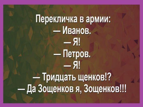 Перекличка в армии Иванов Я Петров Я Тридцать щенков да Зощенков я Зощенков