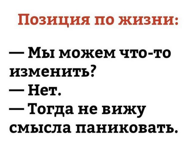 Позиция по жизни Мы можем что то изменить Нет Тогда не вижу смысла паниковать