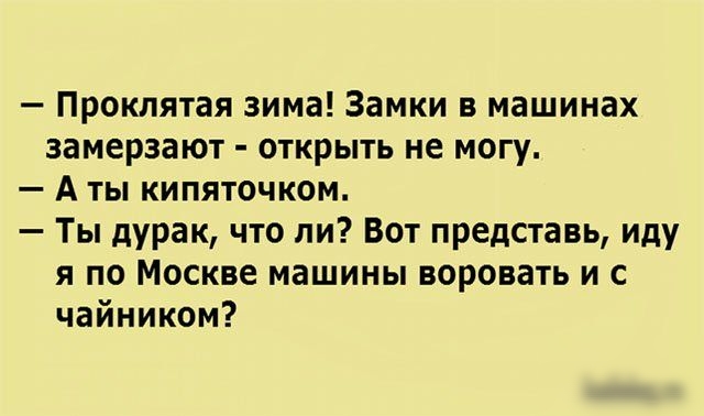 Проклятая зима Замки в машинах замерзают открыть не могу А ты кипяточком Ты дурак что ли Вот представь иду я по Москве машины воровать и с чайником