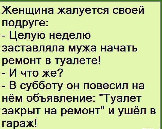 Женщина жалуется своей подруге Целую неделю заставляла мужа начать ремонт в туалете И что же В субботу он повесил на нём объявление Туалет закрыт на ремонт и ушёл в гараж