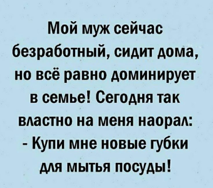 Мой муж сейчас безработный сидит дома но всё равно доминирует в семье Сегодня так властно на меня наораА Купи мне новые губки ддя мытья посуды