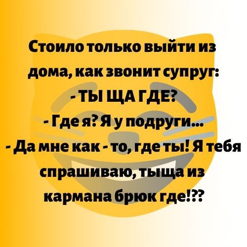 Стоило только выйти из дома как звонит супруг ТЫ ЩА ГДЕ Где ягя у подруги да мне как то где ты тебя спрашиваю тыща из кармана брюк гдет