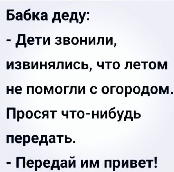 Бабка деду дети звонили извиняпись что летом не помогли с огородом Просят что нибудь передать Передай им привет