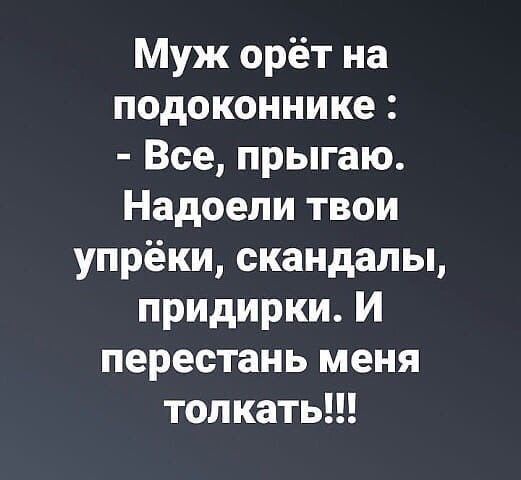 Муж орёт на подоконнике Все прыгаю Надоели твои упрёки скандалы придирки И перестань меня толкать