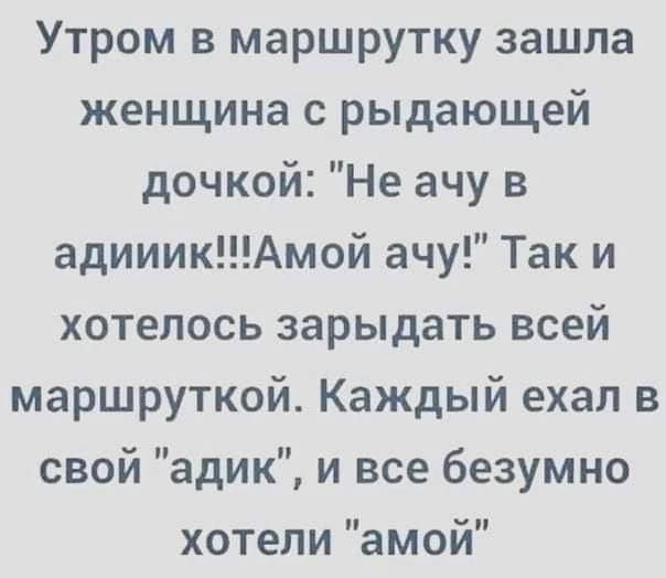 Утром в маршрутку зашла женщина с рыдающей дочкой Не ачу в адииикАмой ачу Так и хотелось зарыдать всей маршруткой Каждый ехал в свой адик и все безумно хотели амой