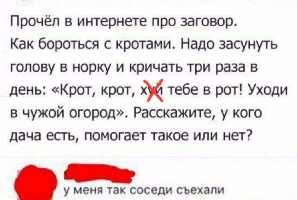 Прочёл в интернете про заговор Как бороться с кротами Надо засунуть голову в норку и кричать три раза в день Крот крот тебе в рот Уходи в чужой огород Расскажите у кого дача есгь помогает такое или нет _ у меня так сосет0 съехали