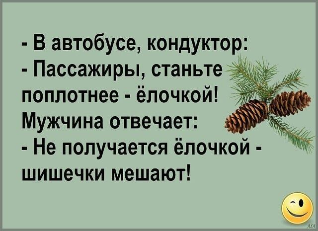 В автобусе кондуктор Пассажиры станьте поплотнее ёпочкой Мужчина отвечает Не получается ёпочкой шишечки мешают
