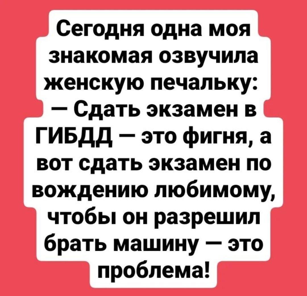 Сегодня одна моя знакомая озвучила женскую печальку Сдать экзамен в ГИБдд это фигня а вот сдать экзамен по вождению любимому чтобы он разрешил брать машину это проблема