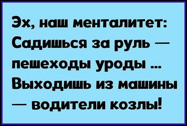 Эх наш менталитет Садишься за руль пешеходы уроды Выходишь из машины водители козлы