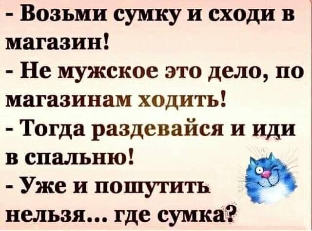 Возьми сумку и сходи в магазин Не мужское это дело по магазинам ходить Тогда раздевайся и иди в спальню Уже и пошутить нельзя где сумка