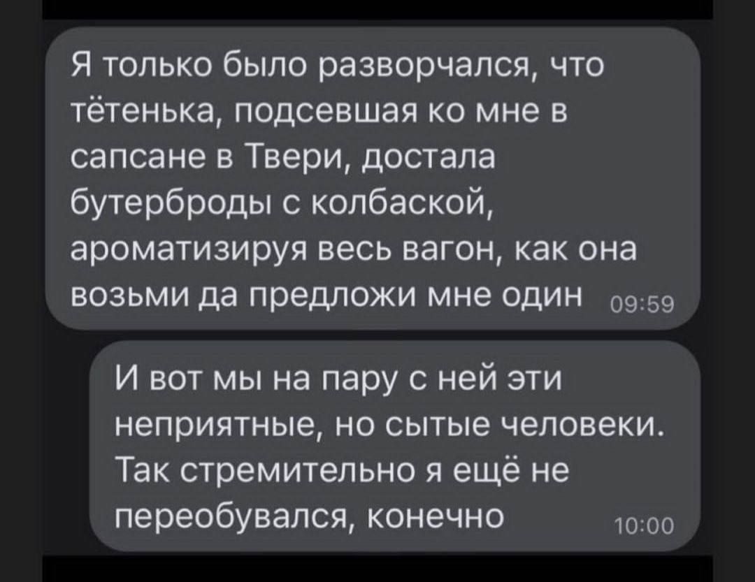 Я только было разворчапся что тётенька подсевшая ко мне в сапсане в Твери достала бутерброды копбаокой ароматизируя весь вагон как она возьми да предложи мне один 59 И вот мы на пару с ней эти неприятные но сытые человеки Так стремительно я ещё не переобувался конечно оп