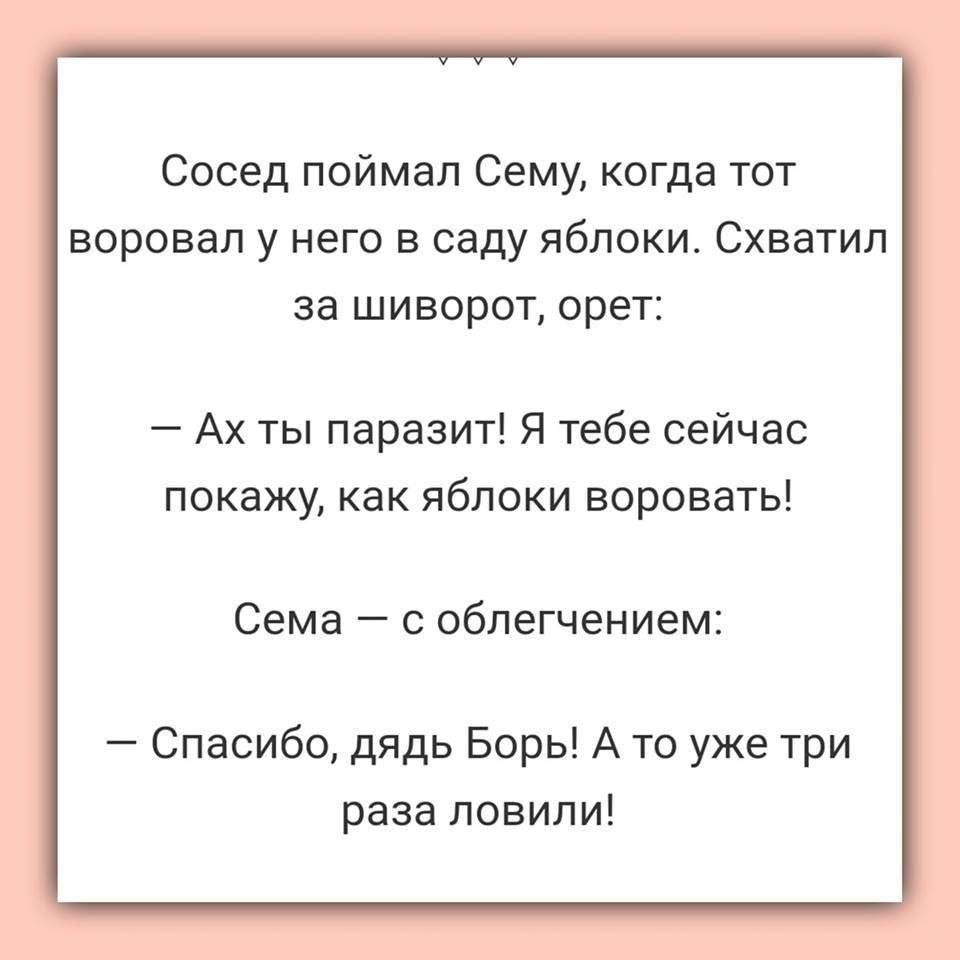 Сосед поймал Сему когда тот воровал у него в саду яблоки Схватип за шиворот орет Ах ты паразит Я тебе сейчас покажу как яблоки воровать Сема с облегчением Спасибо дядь Борь А то уже три раза ловили