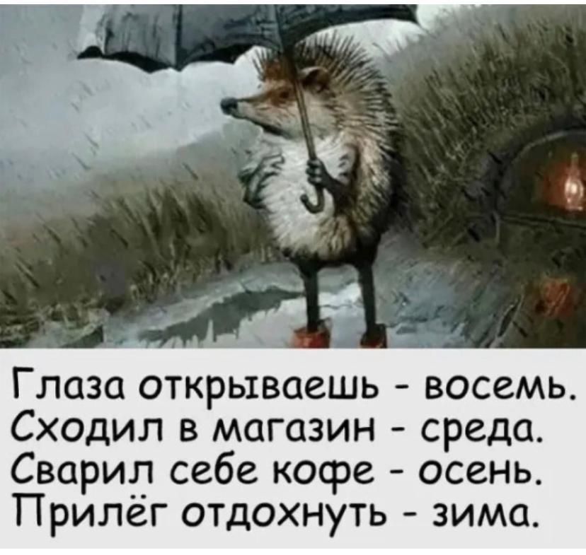 ГЛОЗО ОТКРЫВОЗШЬ ВОССМЬ Сходил в магазин среда Свсрил себе кофе осень Прилёг отдохнуть зима